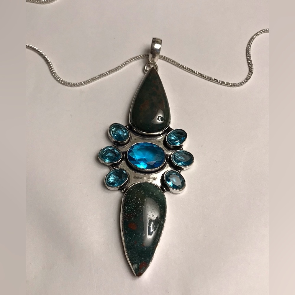 Blue Topaz Blood Stone Stamped 925 Sterling Silver Necklace